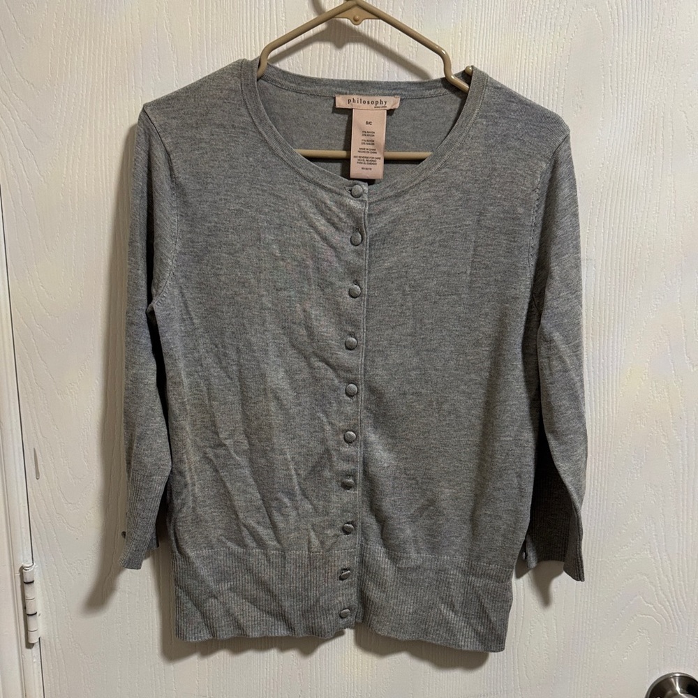 Philosophy Women's Small Heather Gray Knit Button Down‎ 3/4 Sleeve Lightweight